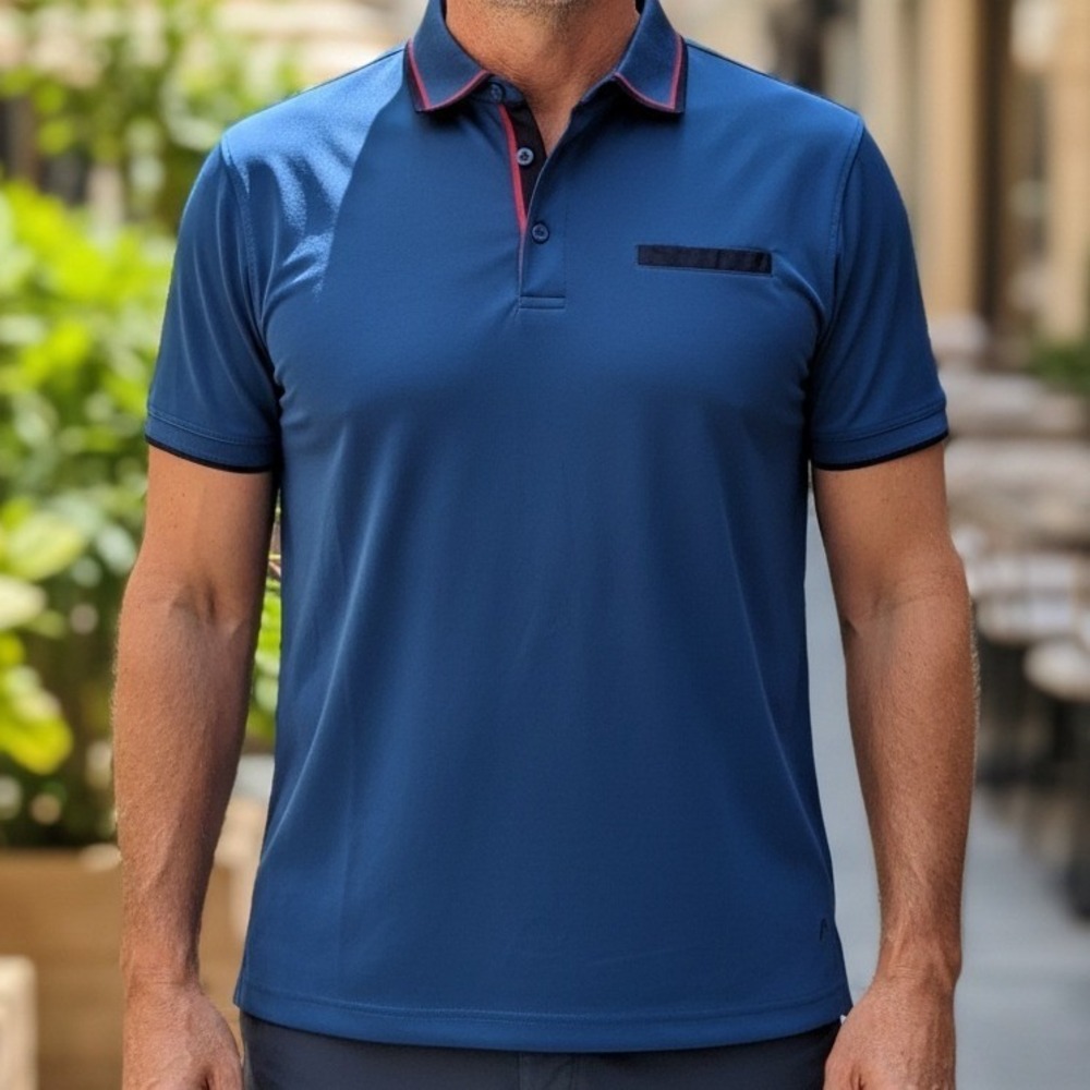 Head Golf Mens Blue Short Sleeve Performance Polo Shirt Medium Striped Collar